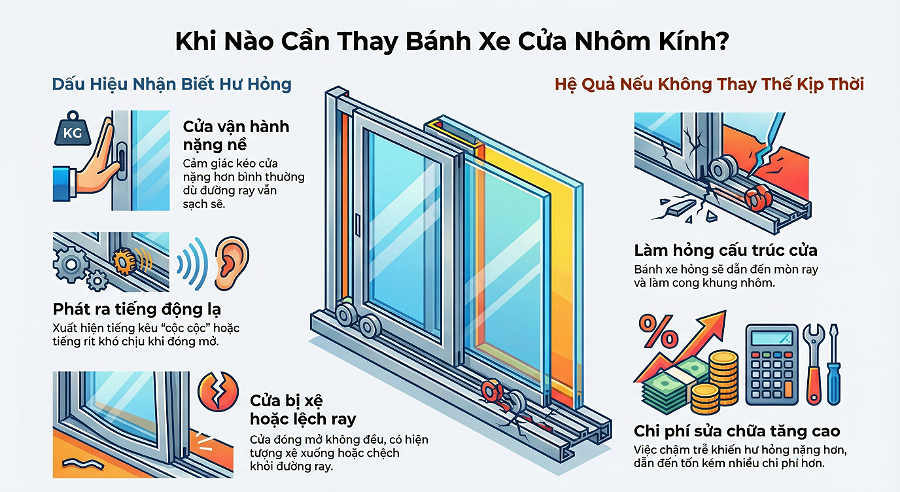 Dấu hiệu bánh xe cửa nhôm kính bị hỏng, nên thay ngay